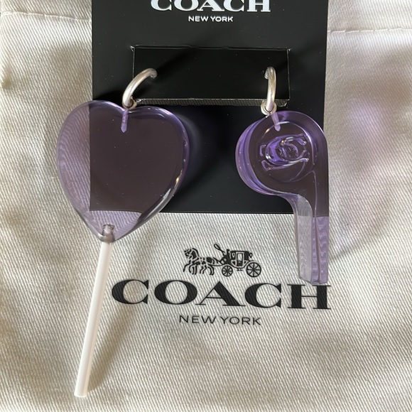 Coach Heart Lollipop And Whistle Mismatch Earrings Purple NWT - Picture 7 of 7